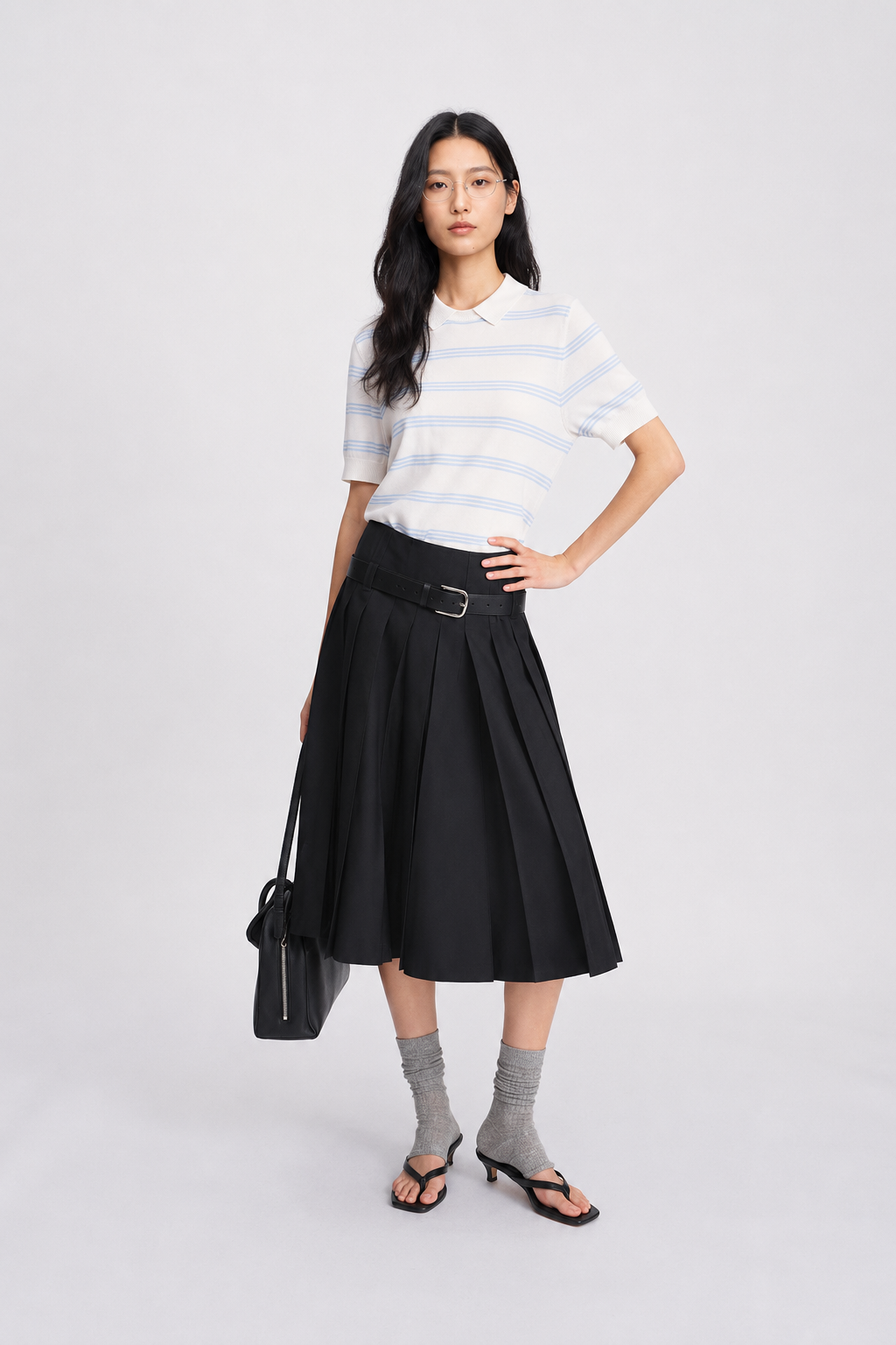 Tailored Pleated Wool Skirt with Belt