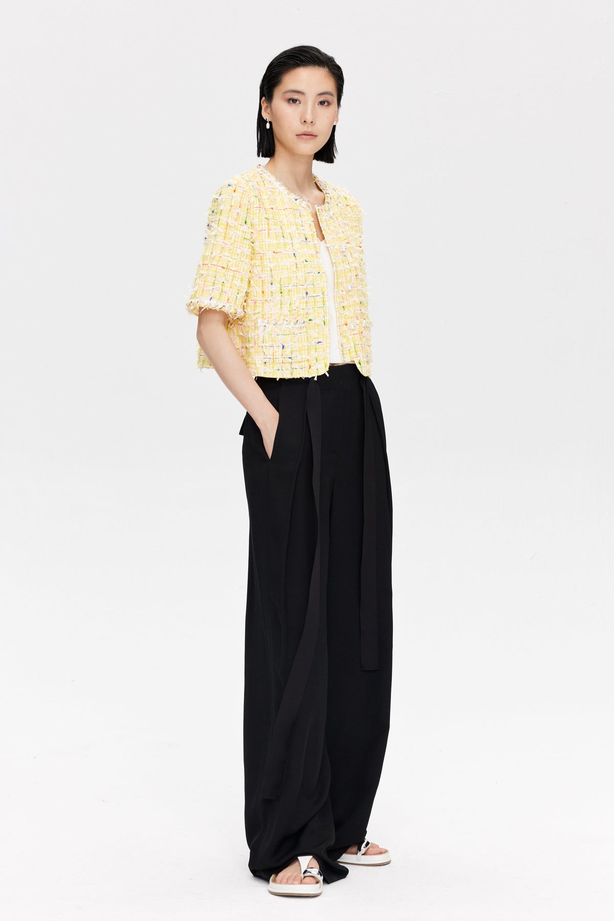 Linen-Blend Pleated Wide Leg Trousers