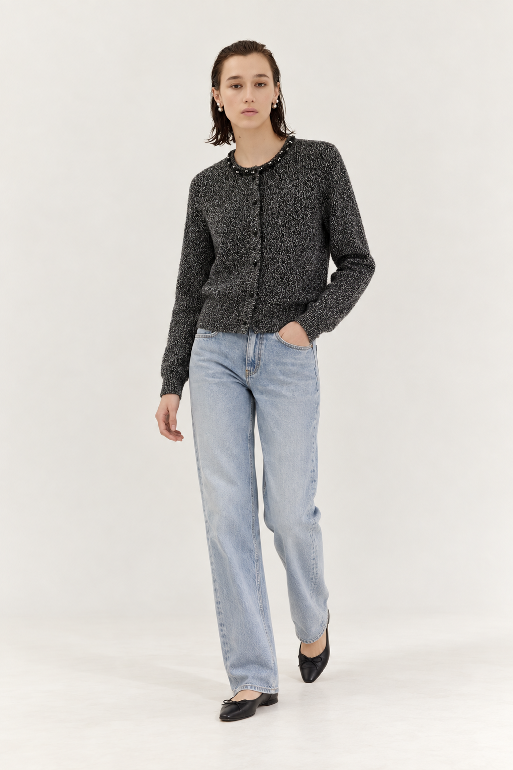 Floral-Trim Wool Blend Cardigan