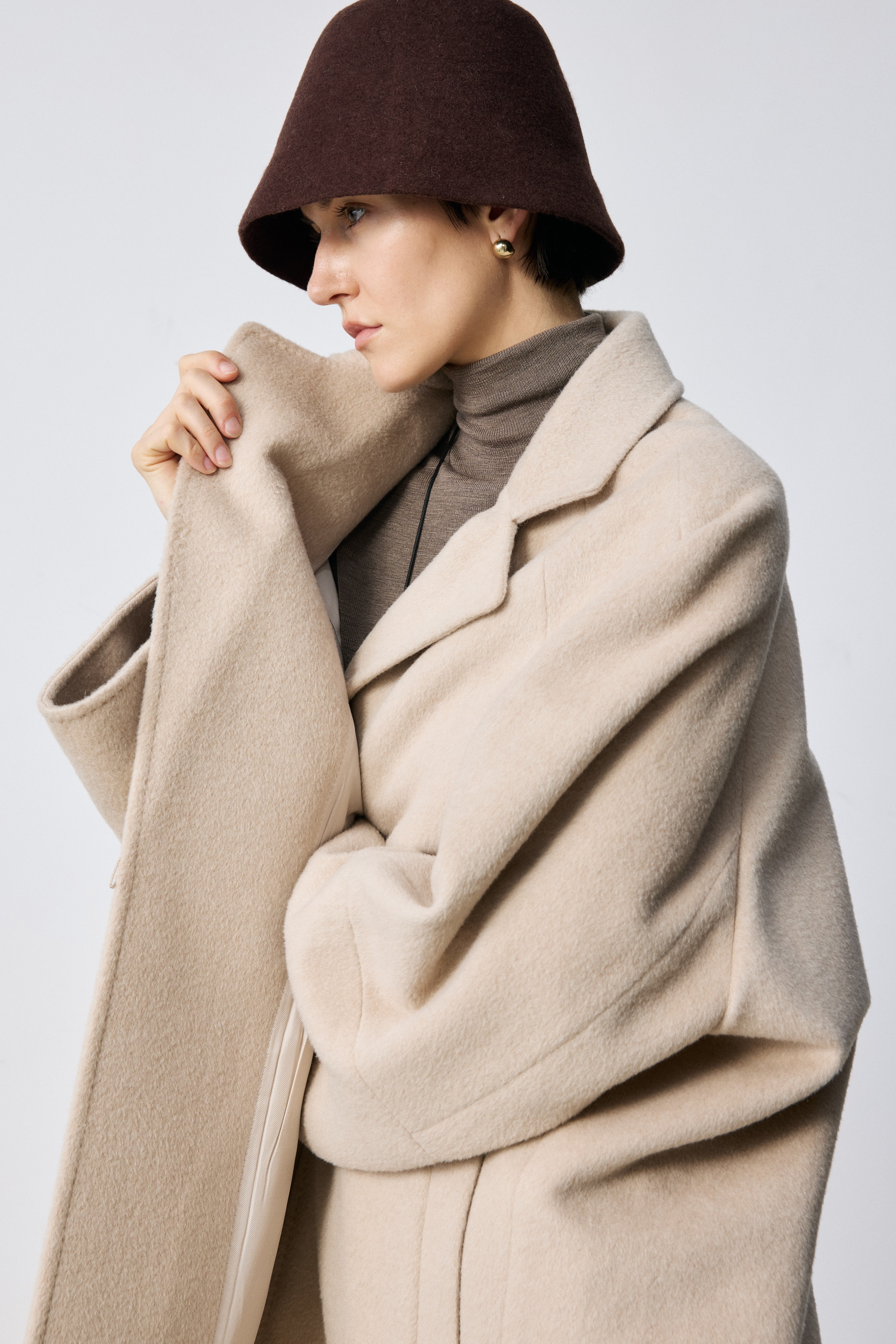 Cocoon-Shape Alpaca-Mohair Wool-Blend Coat