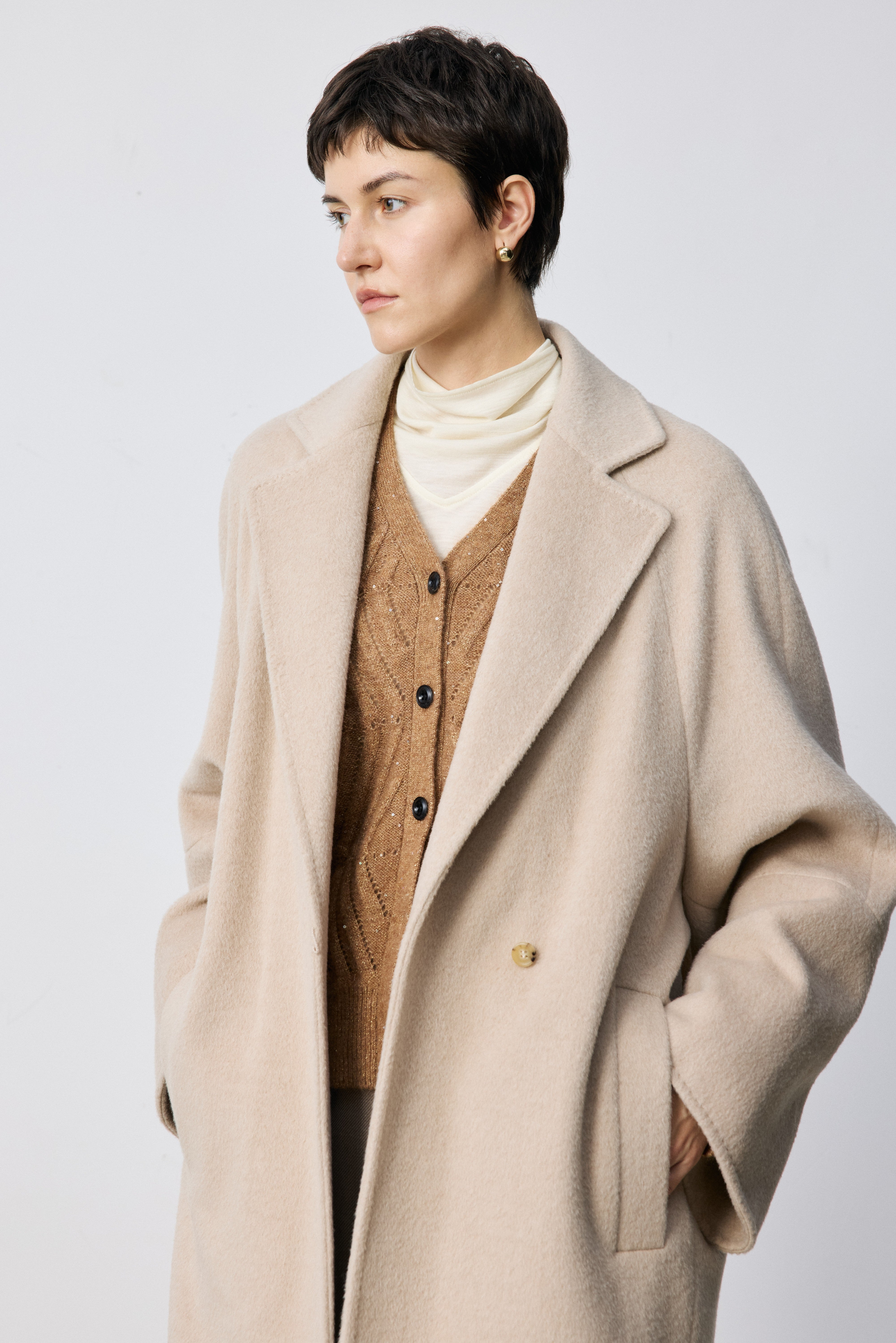 Cocoon-Shape Alpaca-Mohair Wool-Blend Coat
