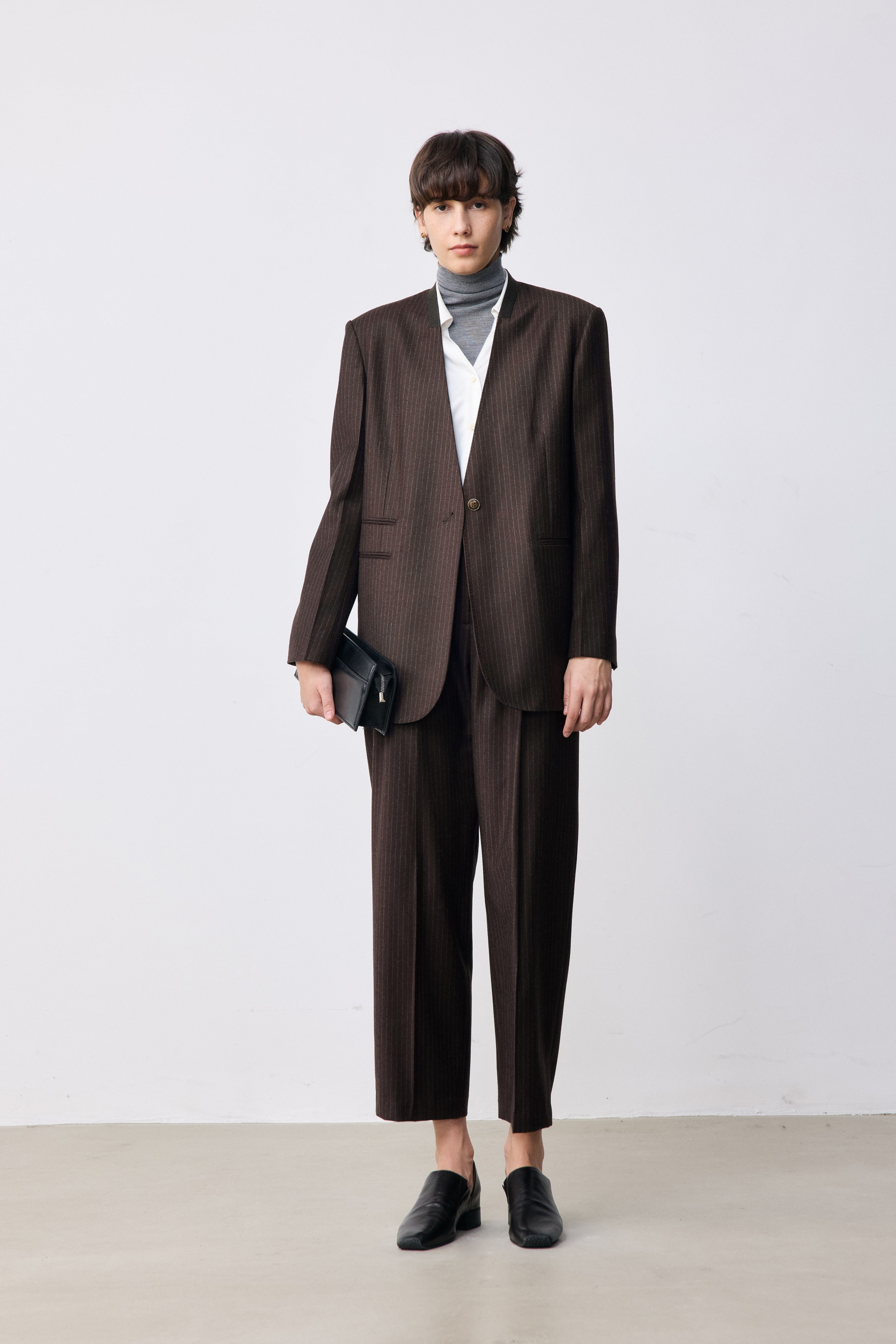Marzotto Super 110s Merino Wool Collarless Pinstripe Blazer