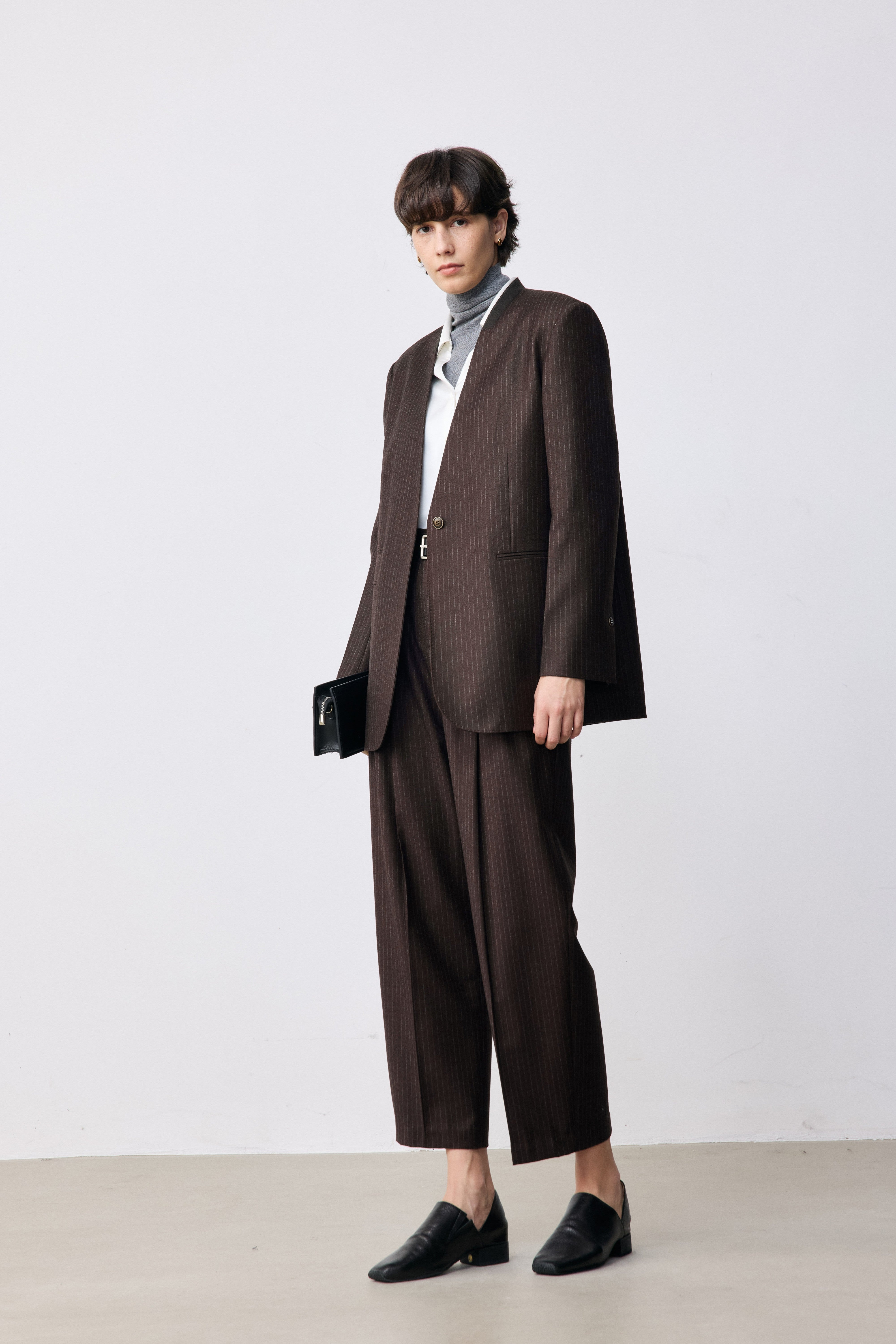 Marzotto Super 110s Merino Wool Collarless Pinstripe Blazer