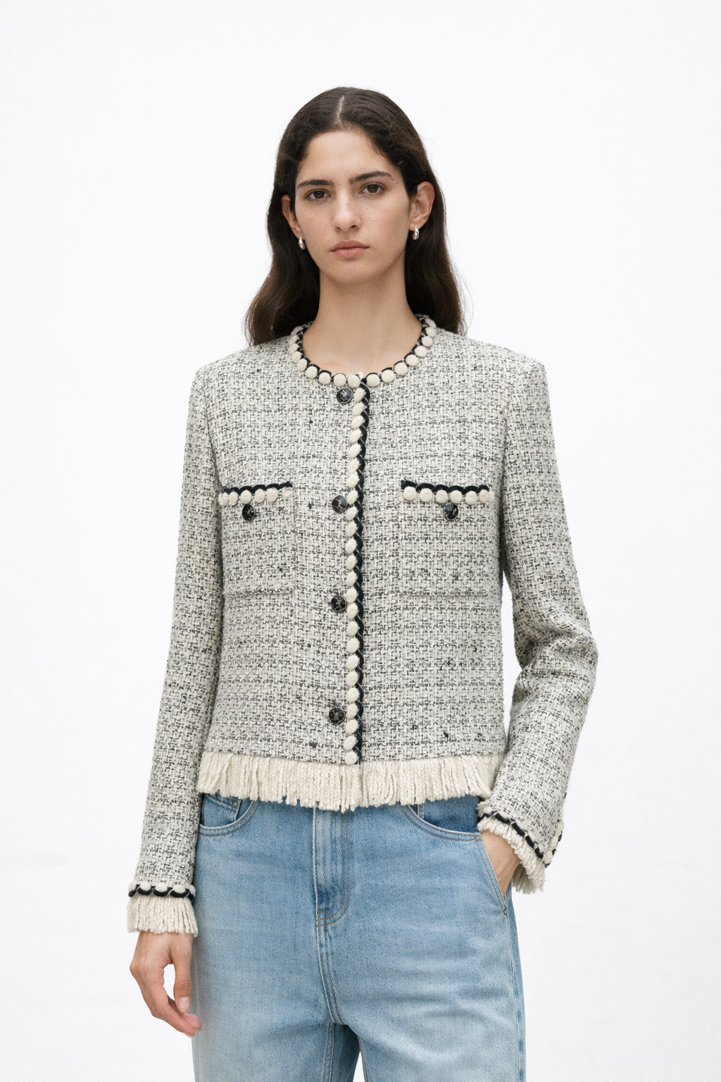 Fringe Trim Tweed Jacket
