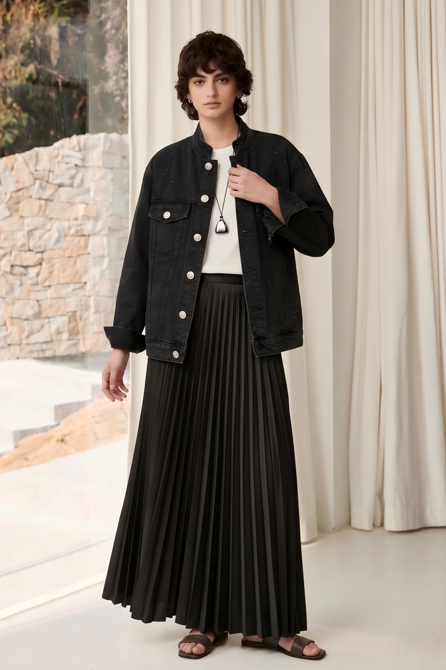 Black Bead-Embellished Denim Jacket