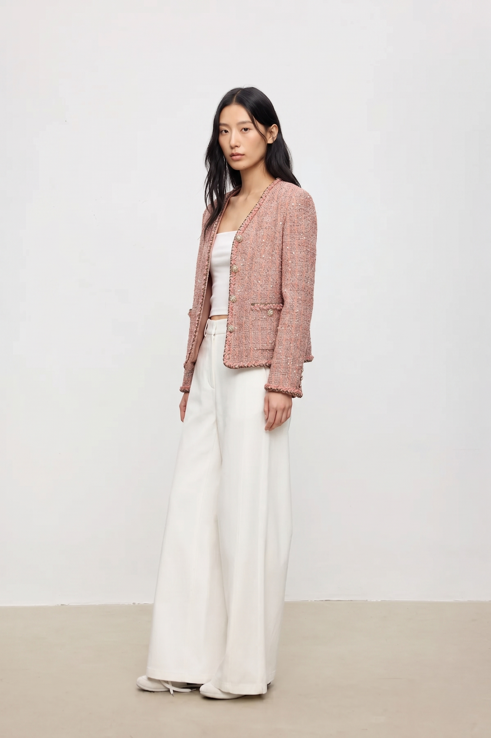 Fiammato Bouclé V-Neck Couture-Style Jacket