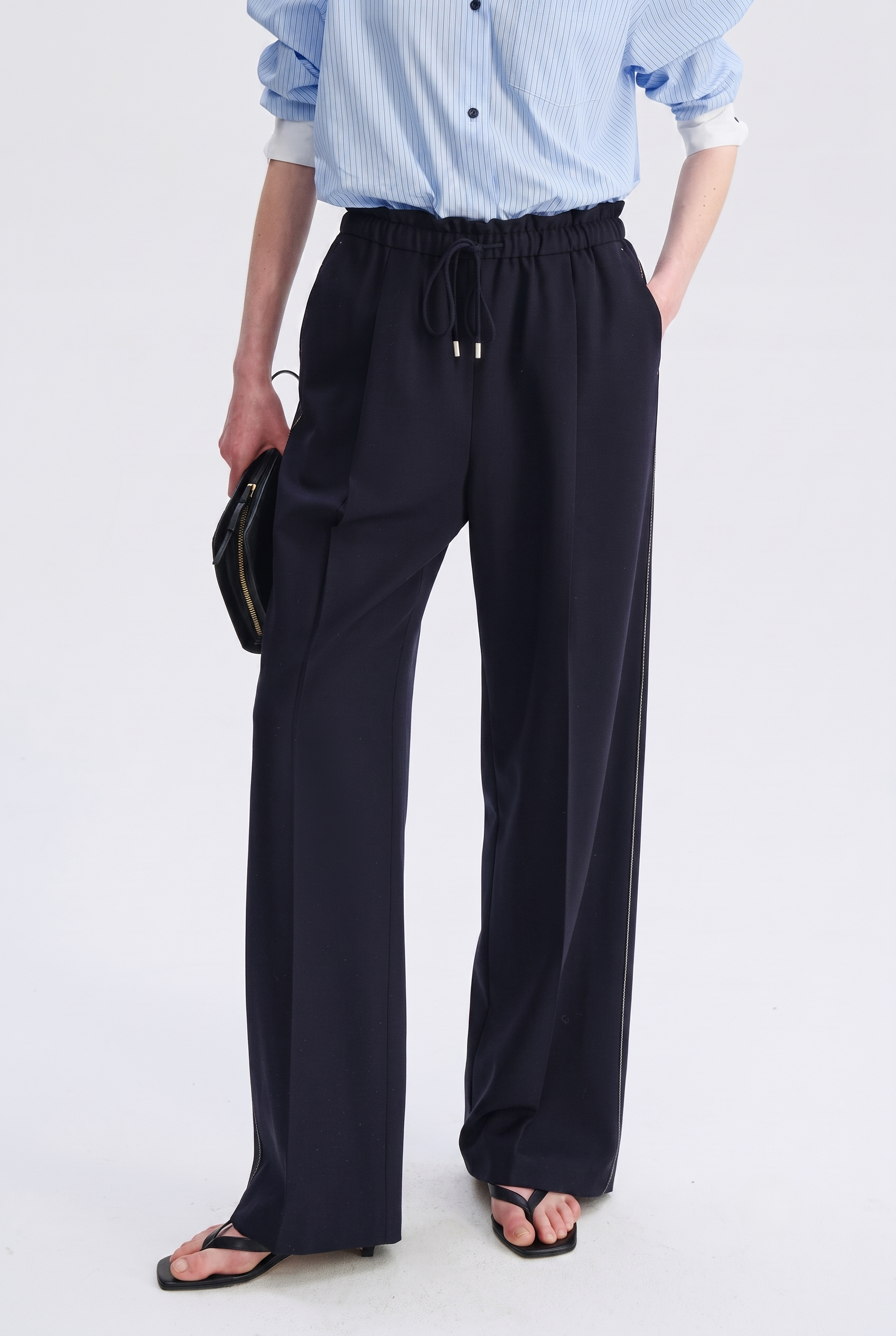Pure Wool Drawstring Wide-Leg Trousers