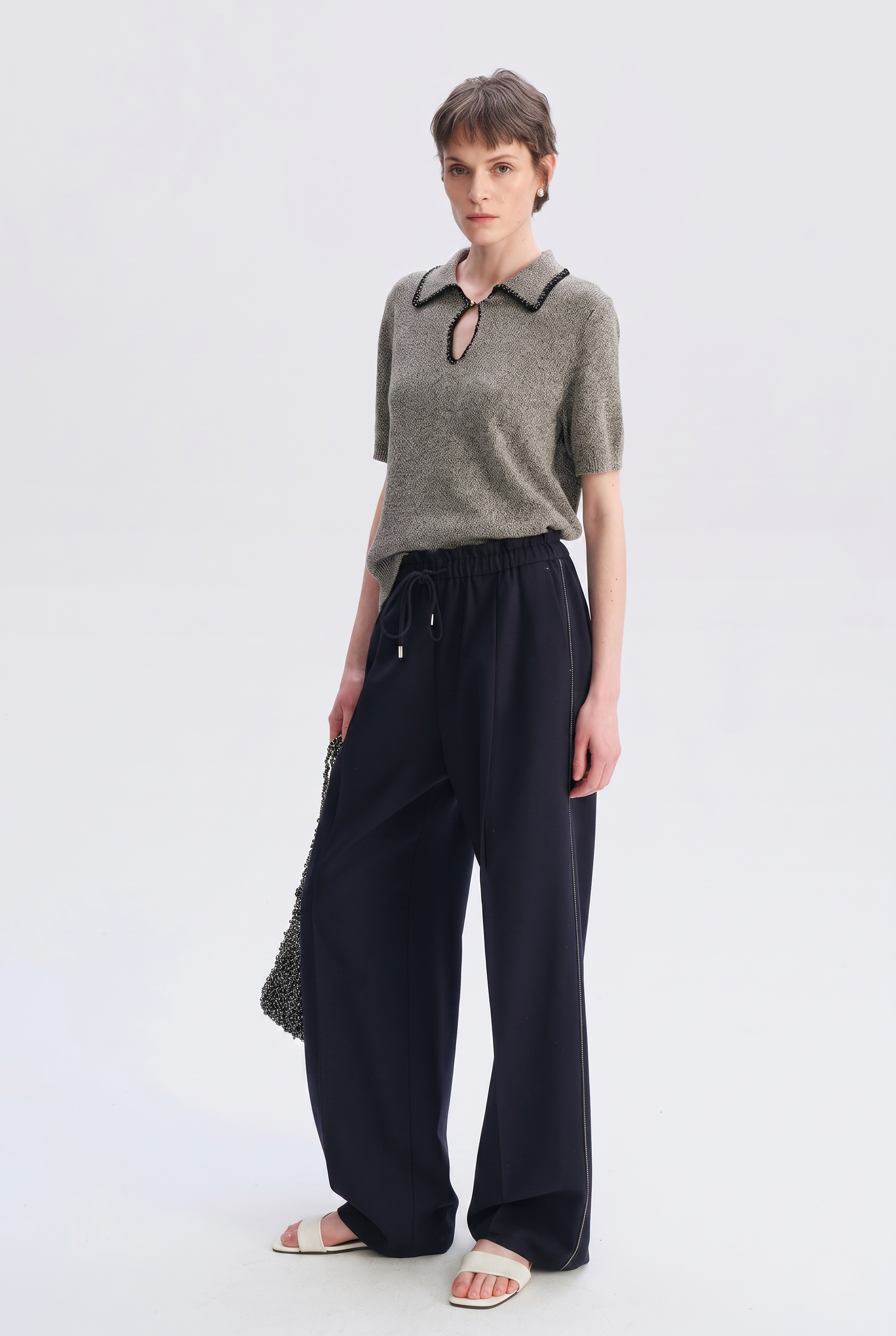 Pure Wool Drawstring Wide-Leg Trousers