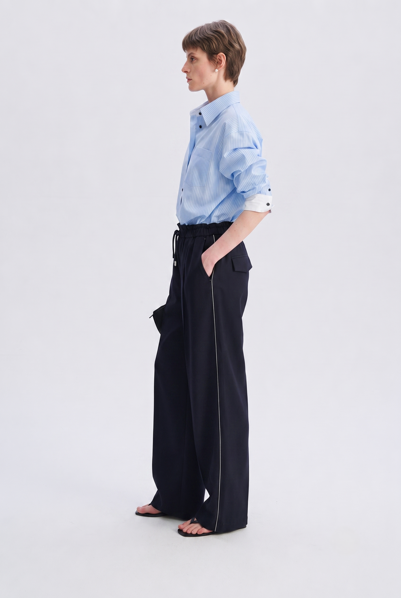 Pure Wool Drawstring Wide-Leg Trousers