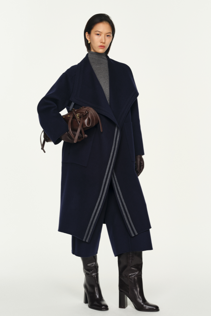 Leather Trim Double Face Draped-Collar Wool Coat