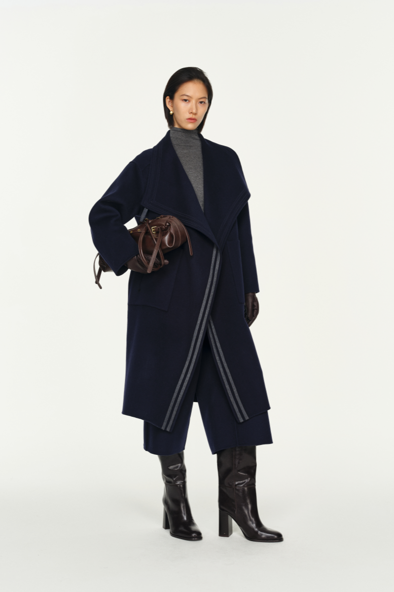 Leather Trim Double Face Draped-Collar Wool Coat