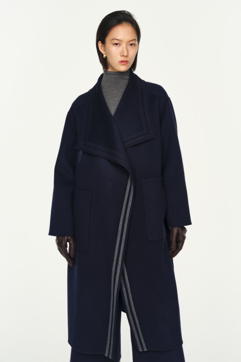 Leather Trim Double Face Draped-Collar Wool Coat