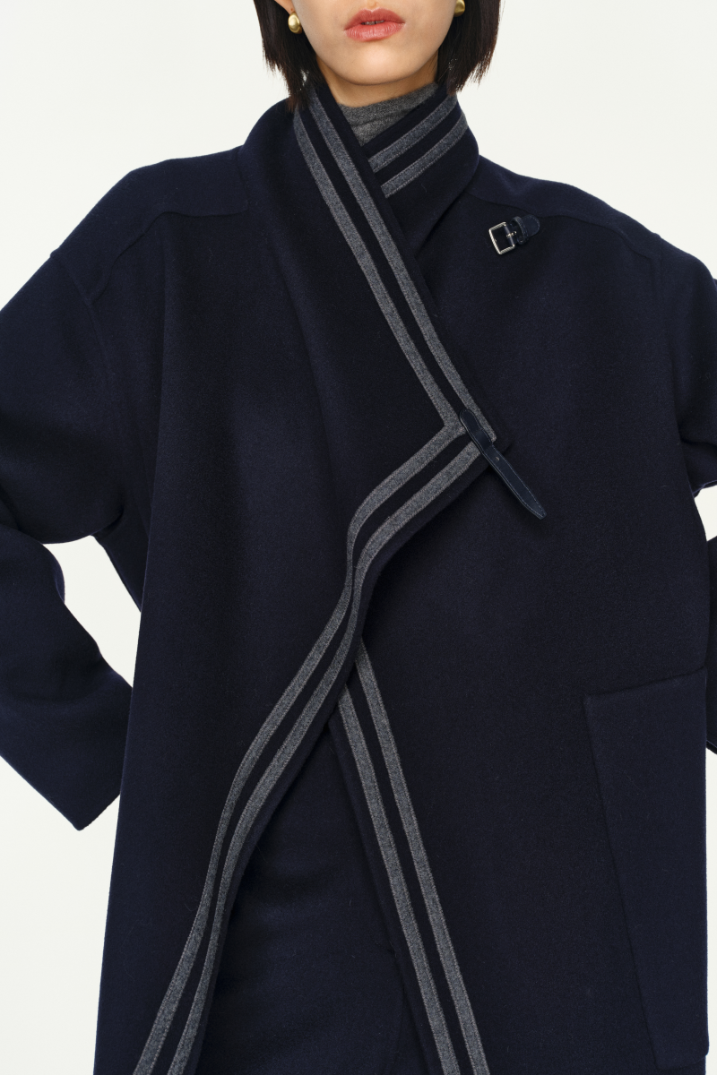 Leather Trim Double Face Draped-Collar Wool Coat