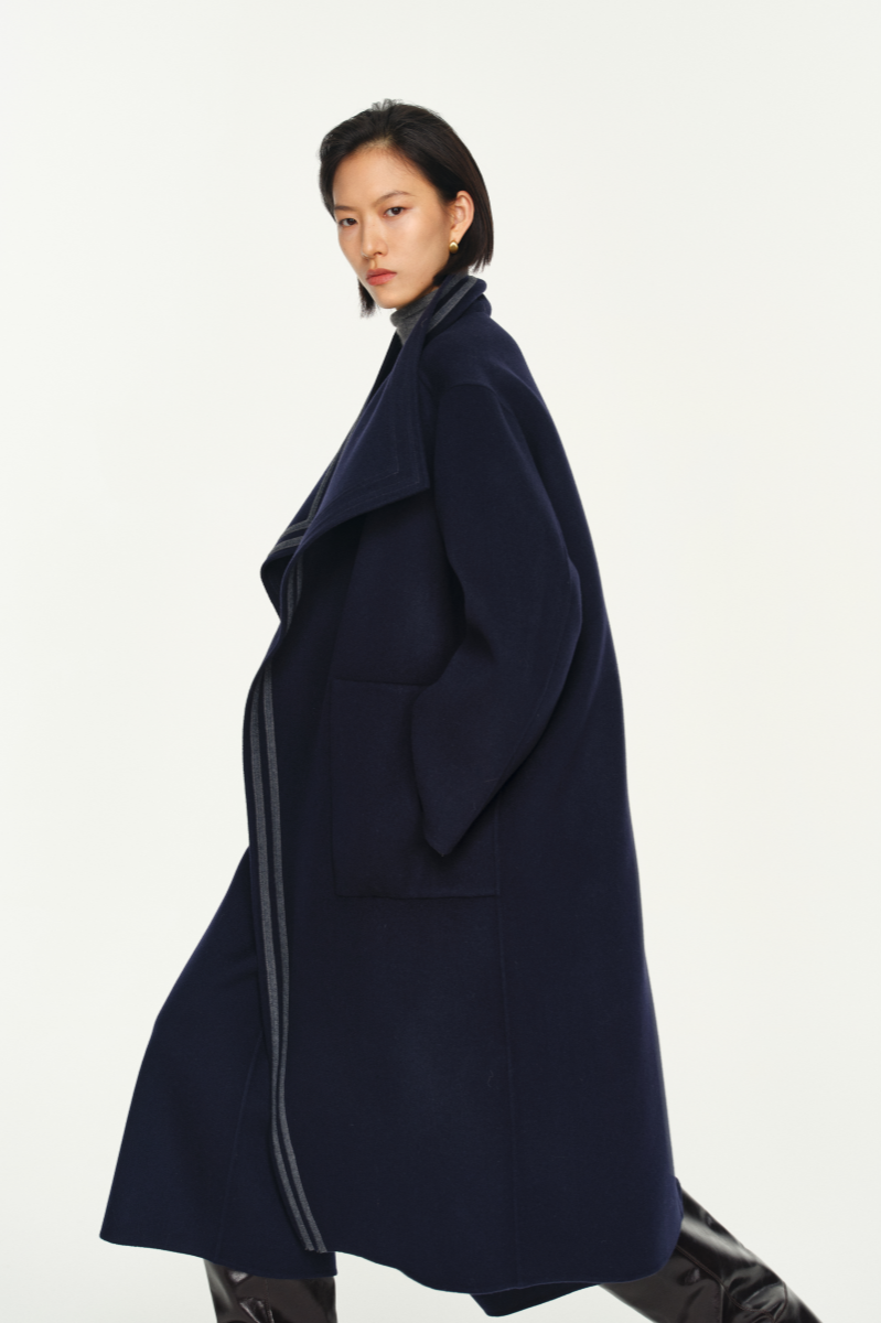 Leather Trim Double Face Draped-Collar Wool Coat