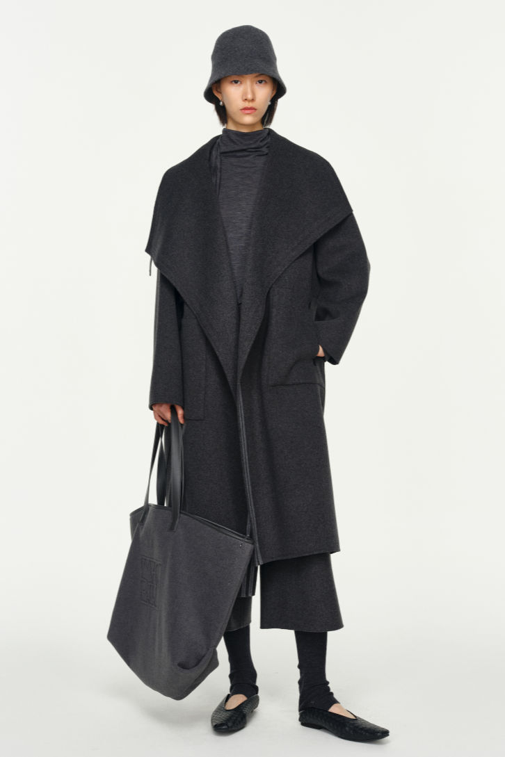 Leather Trim Double Face Draped-Collar Wool Coat