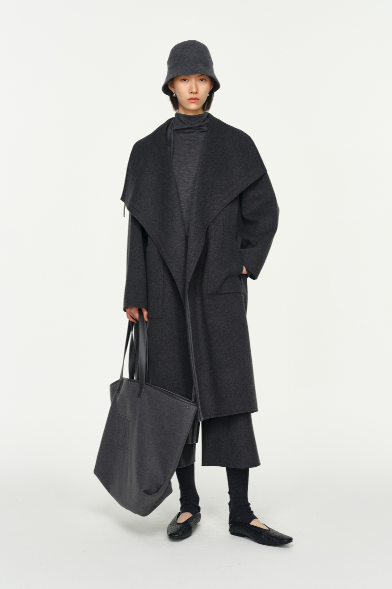 Leather Trim Double Face Draped-Collar Wool Coat