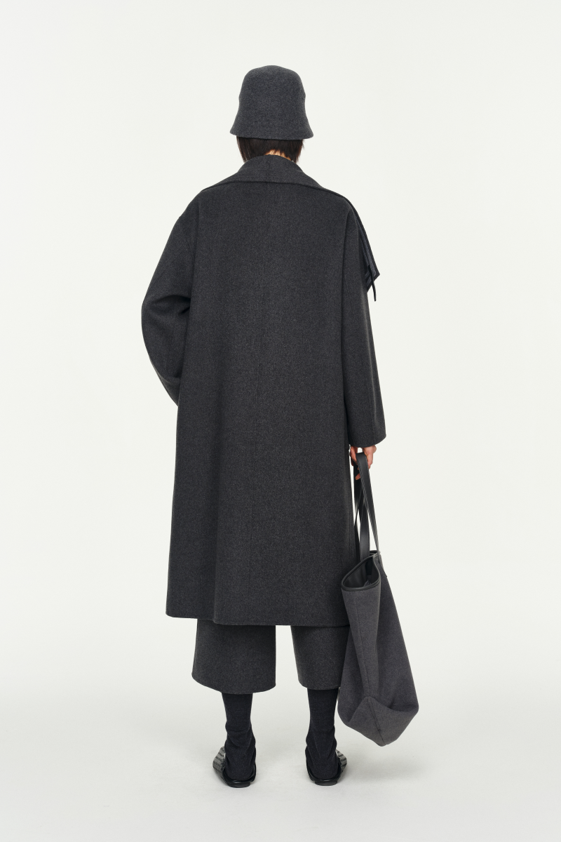 Leather Trim Double Face Draped-Collar Wool Coat