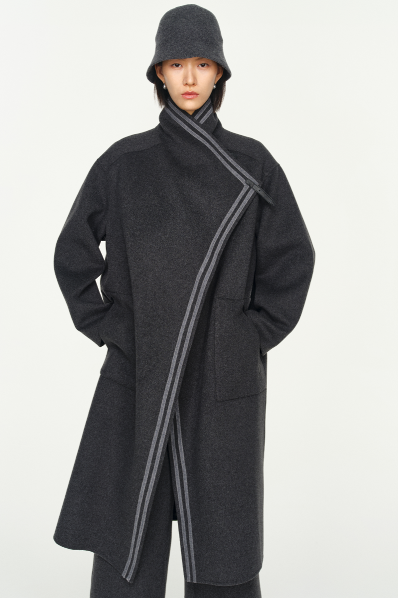 Leather Trim Double Face Draped-Collar Wool Coat