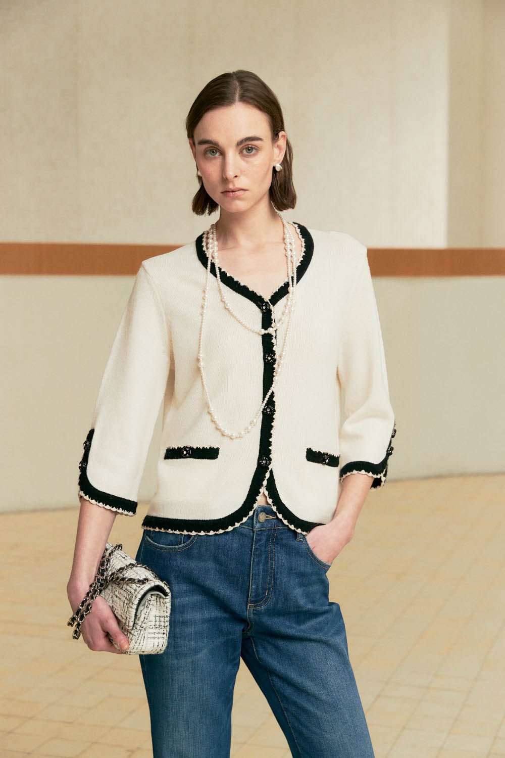 Marius Women'S Chic Color-Block Cardigan Top with Lace Trim