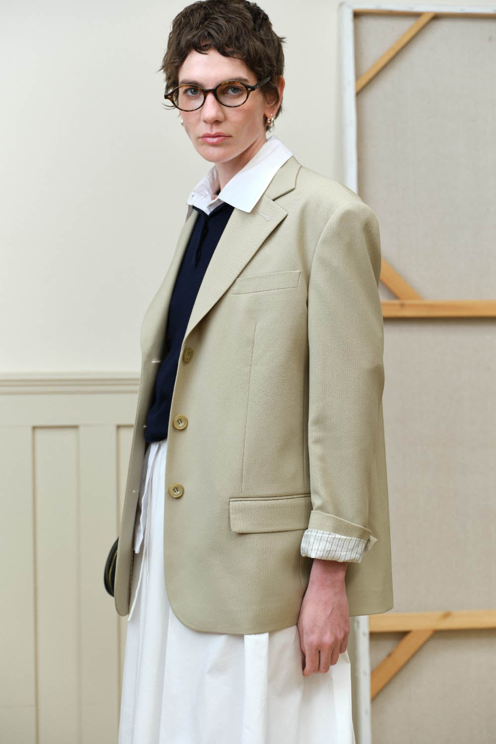 High-Twist Merino Wool Wide-Shoulder Blazer