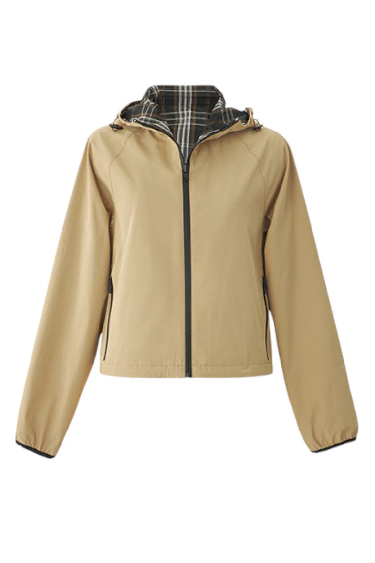 Beige jacket with plaid lining on a white background