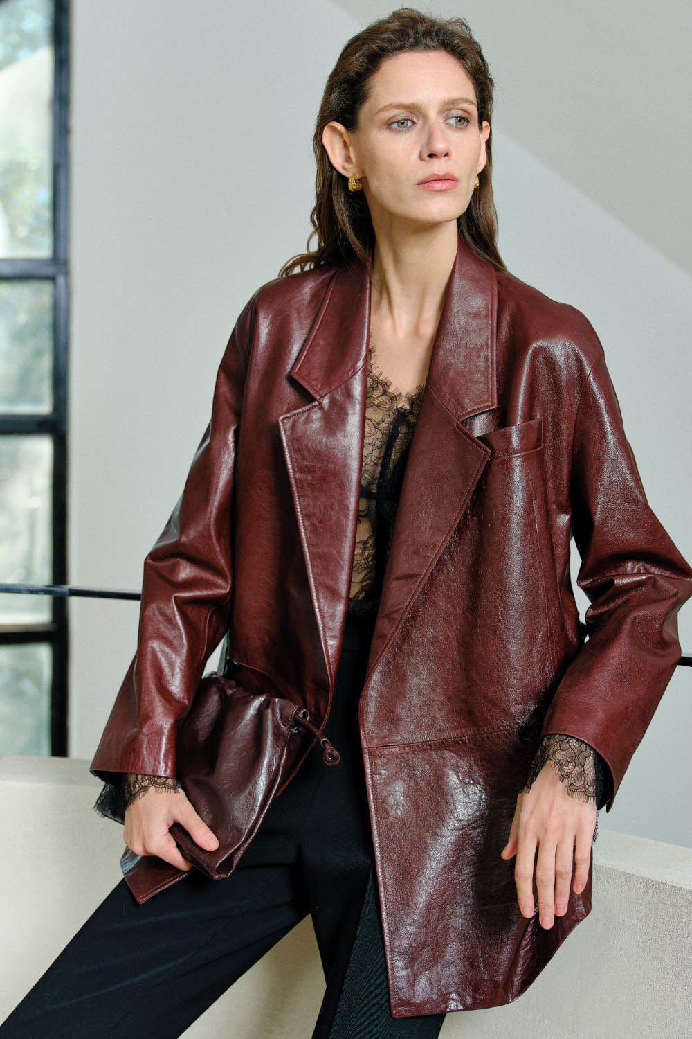 Hand-Waxed Lambskin Belted Leather Blazer
