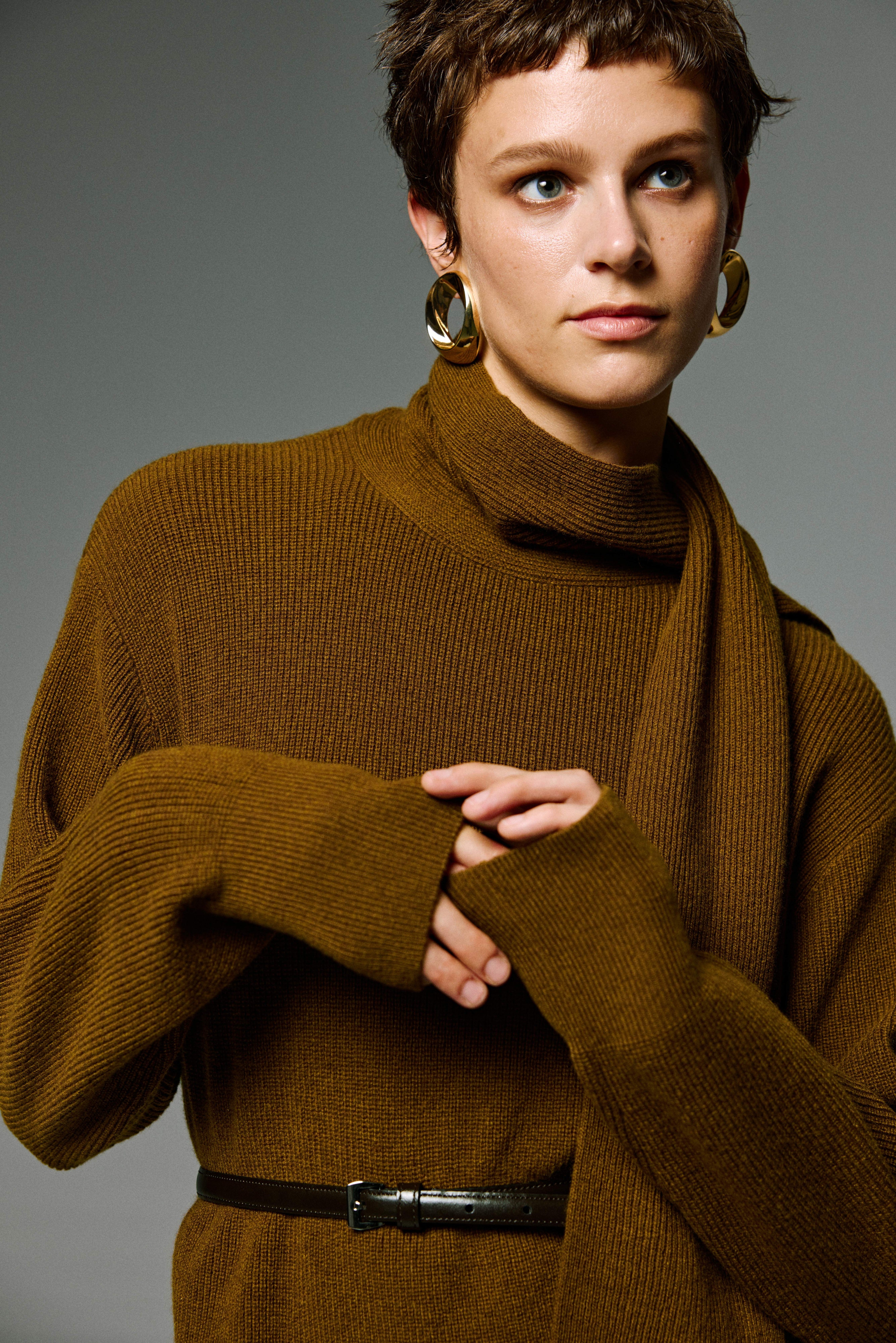 Merino Wool Scarf-Neck Knit Maxi Dress
