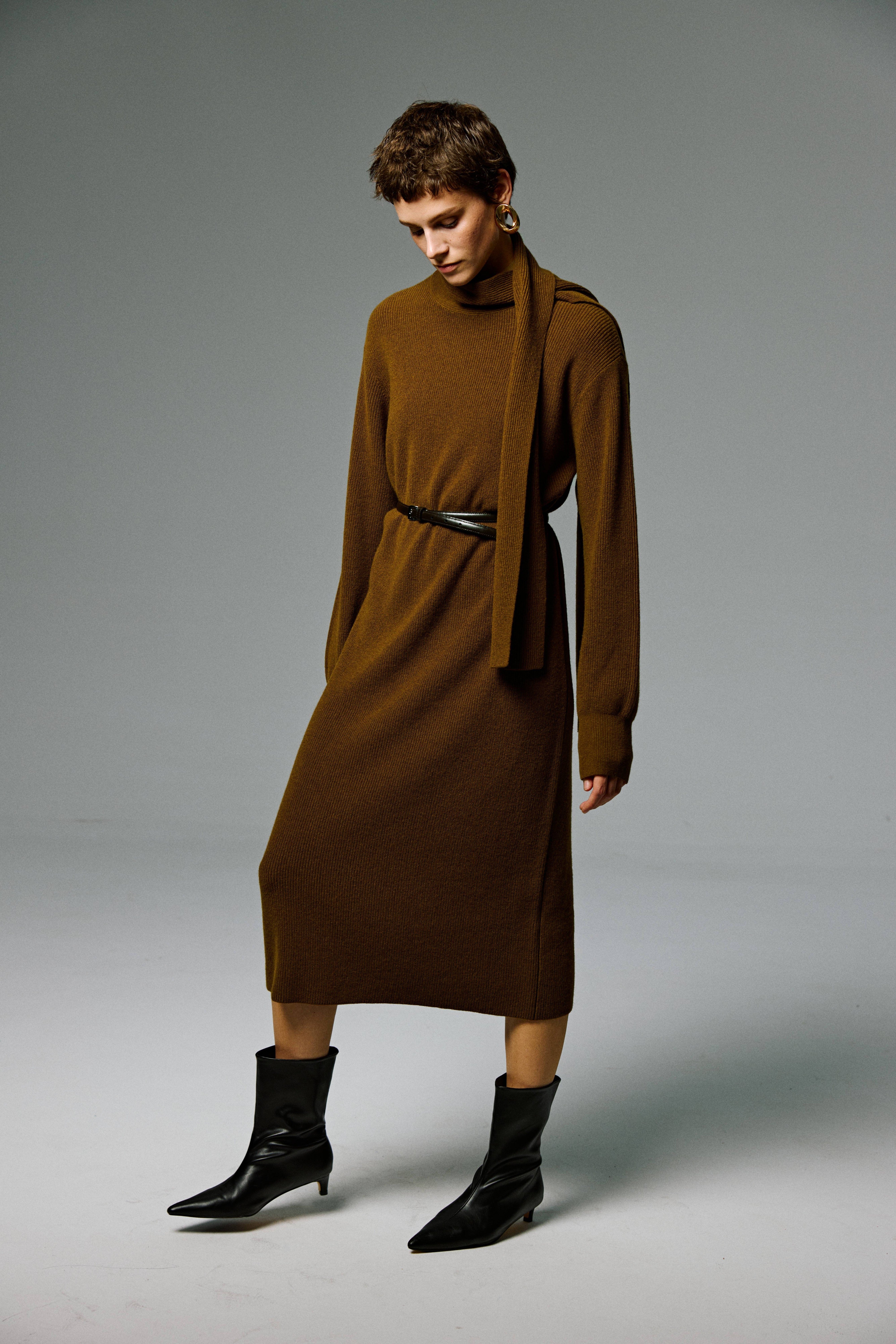 Merino Wool Scarf-Neck Knit Maxi Dress