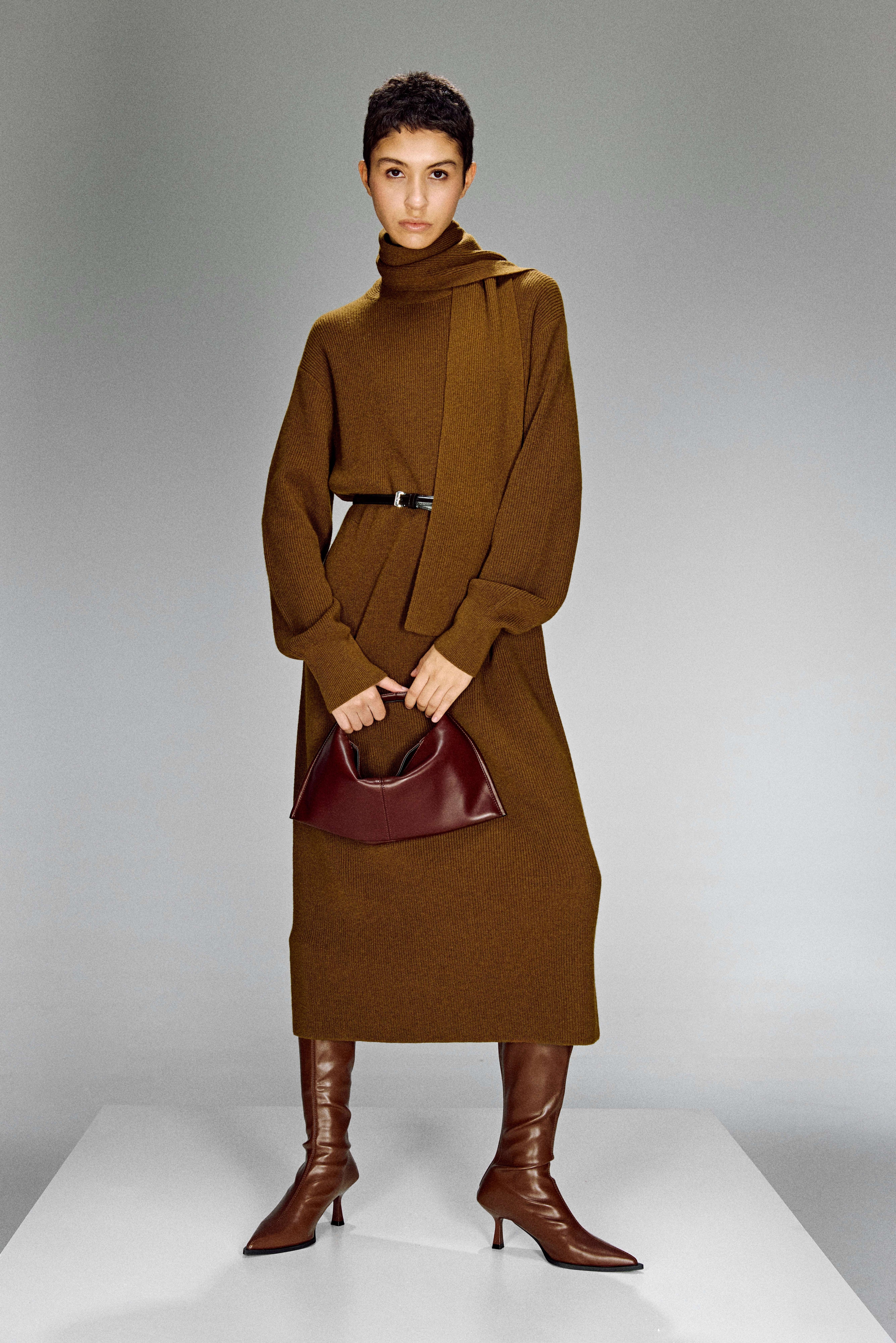 Merino Wool Scarf-Neck Knit Maxi Dress