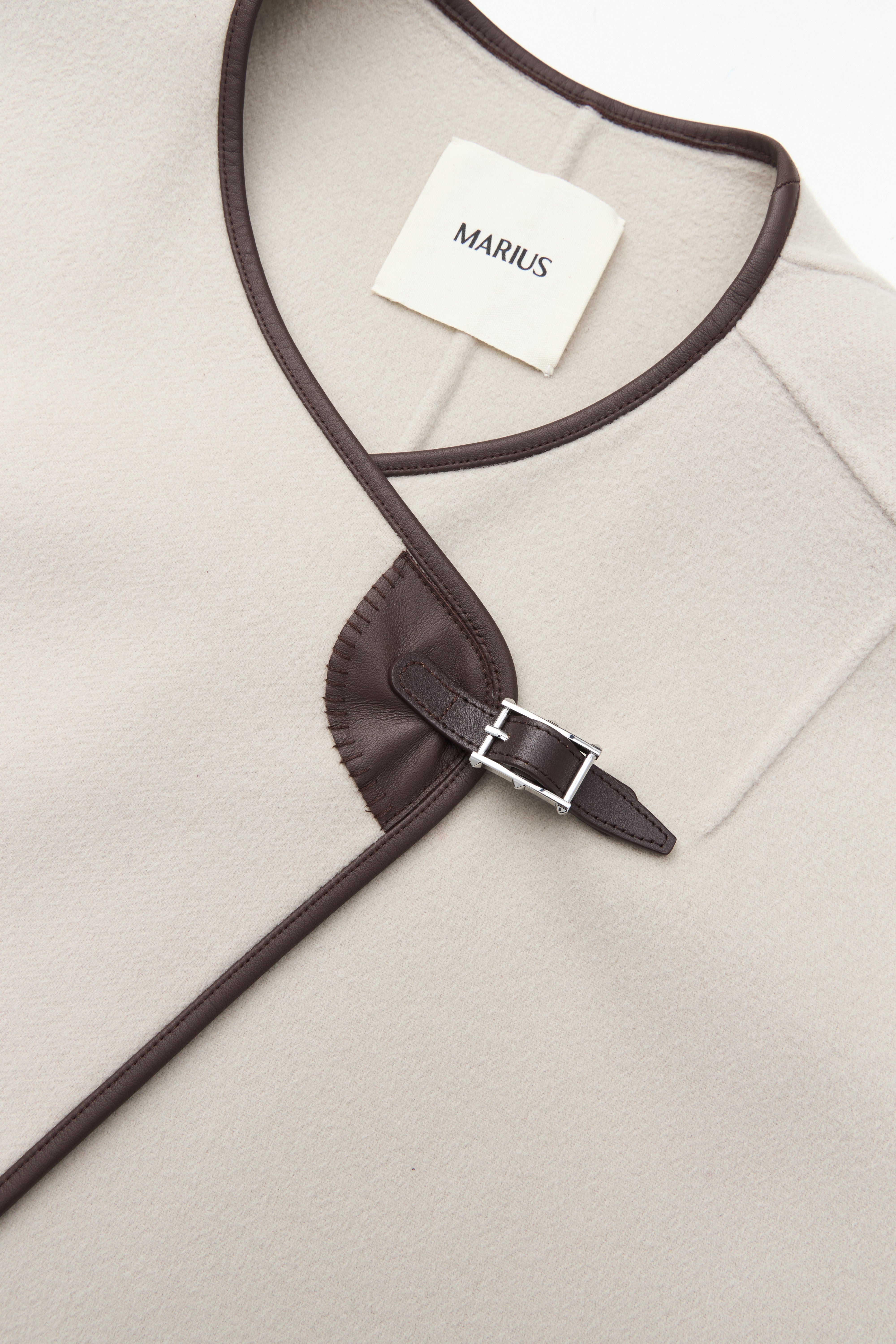 Collarless Wool Coat with Leather-Trim Scarf Detail