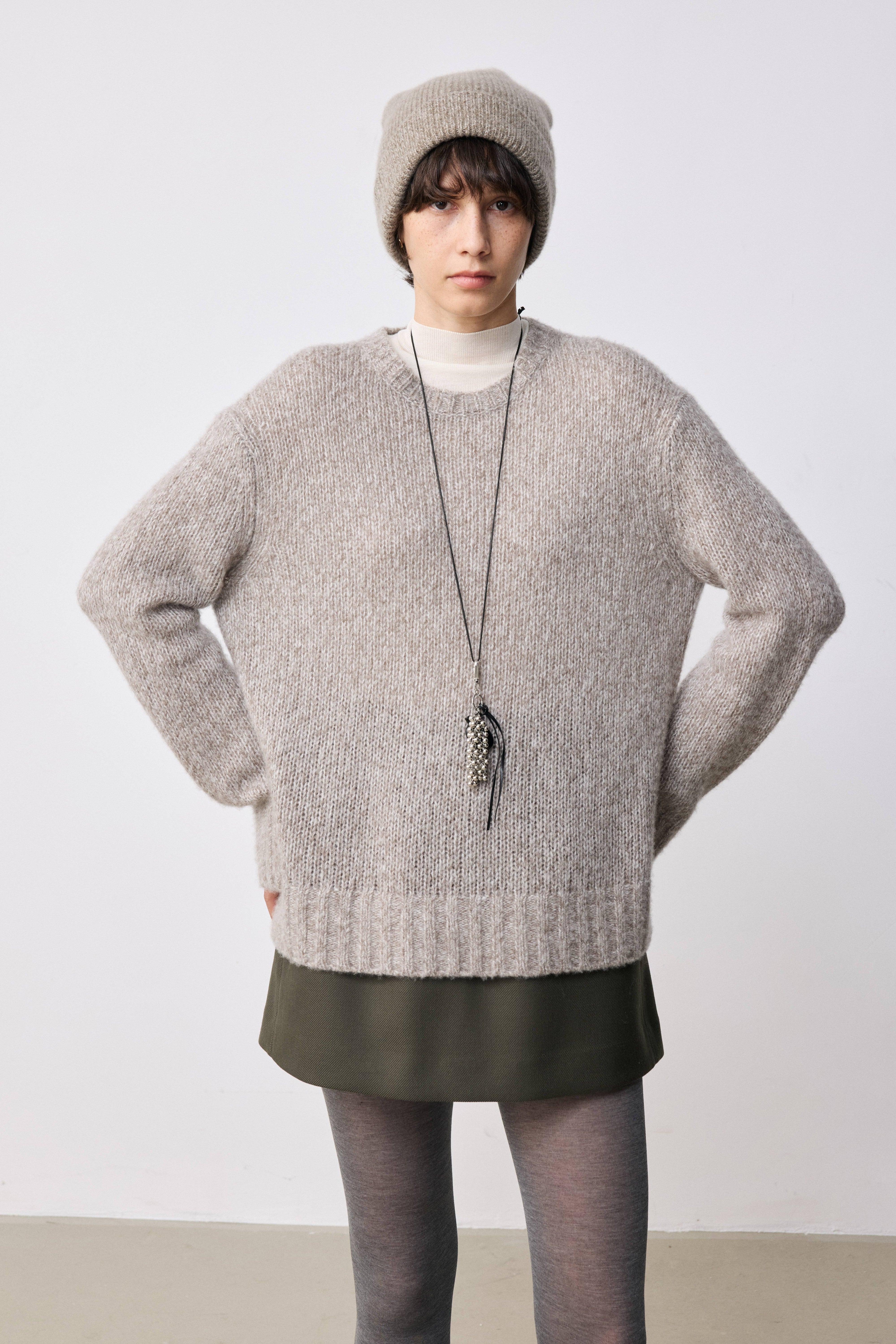 Cashmere-Silk Blend Textured Knit Crewneck Sweater