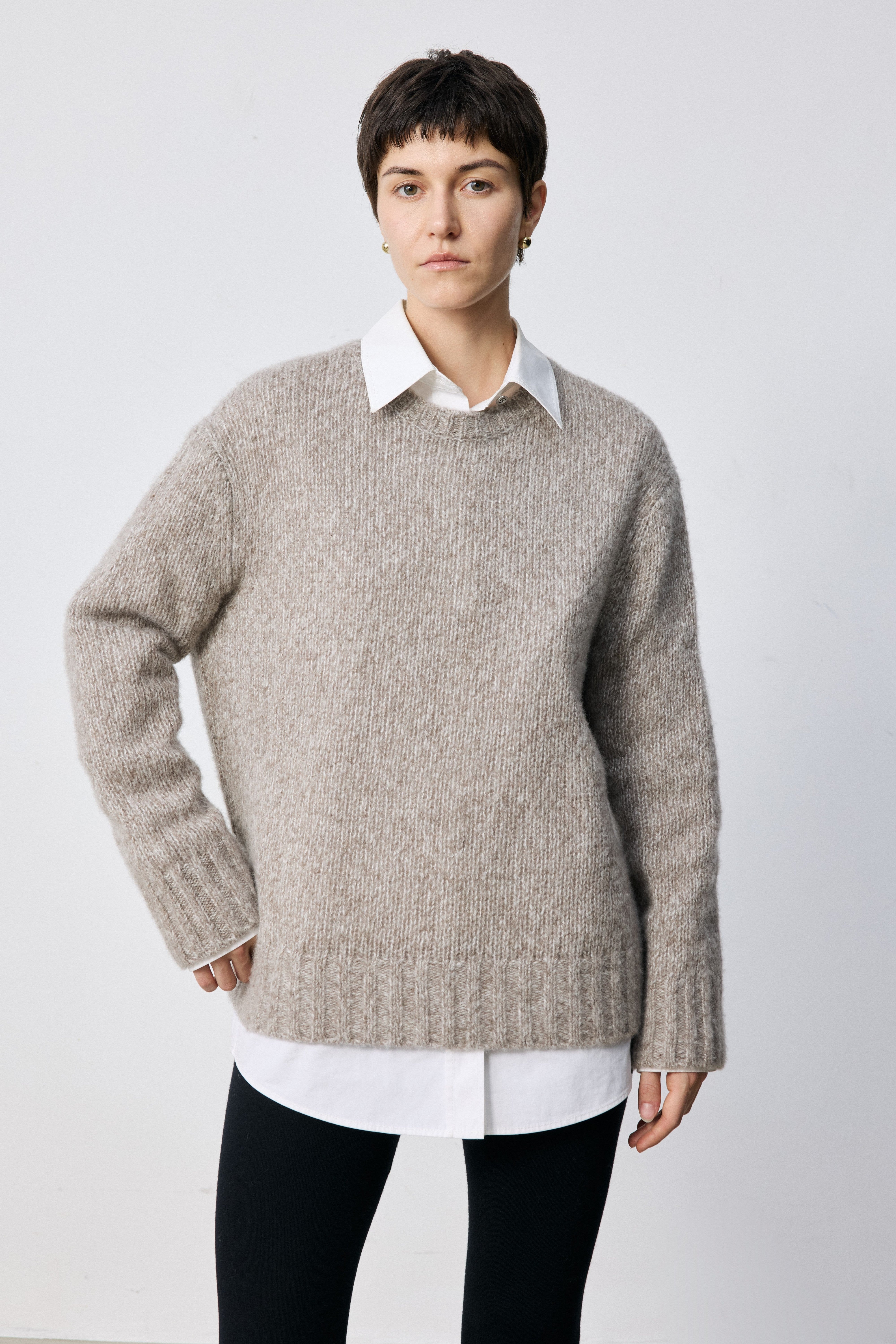 Cashmere-Silk Blend Textured Knit Crewneck Sweater