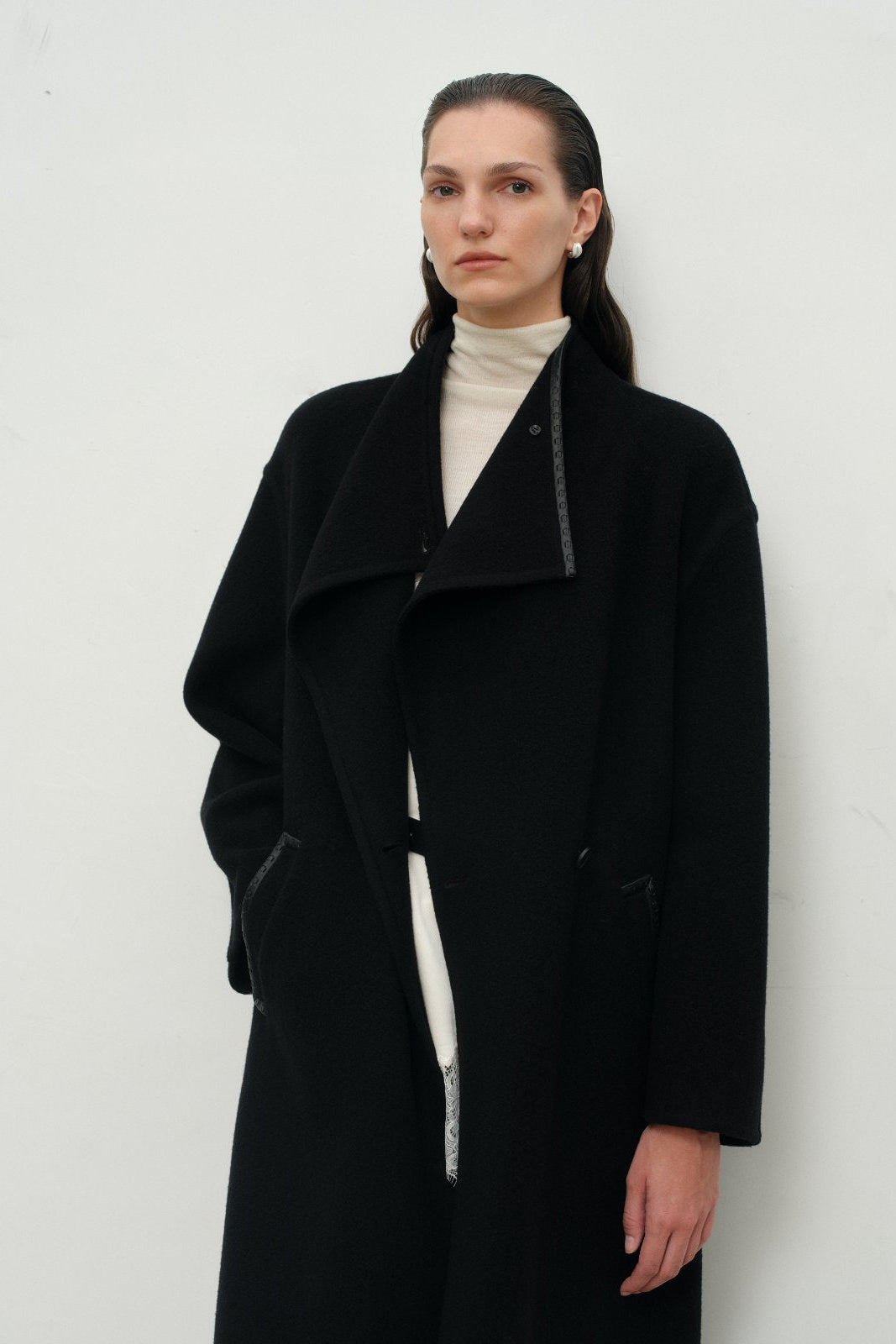 Leather-Trim Belted Pure Wool Wrap Long Coat